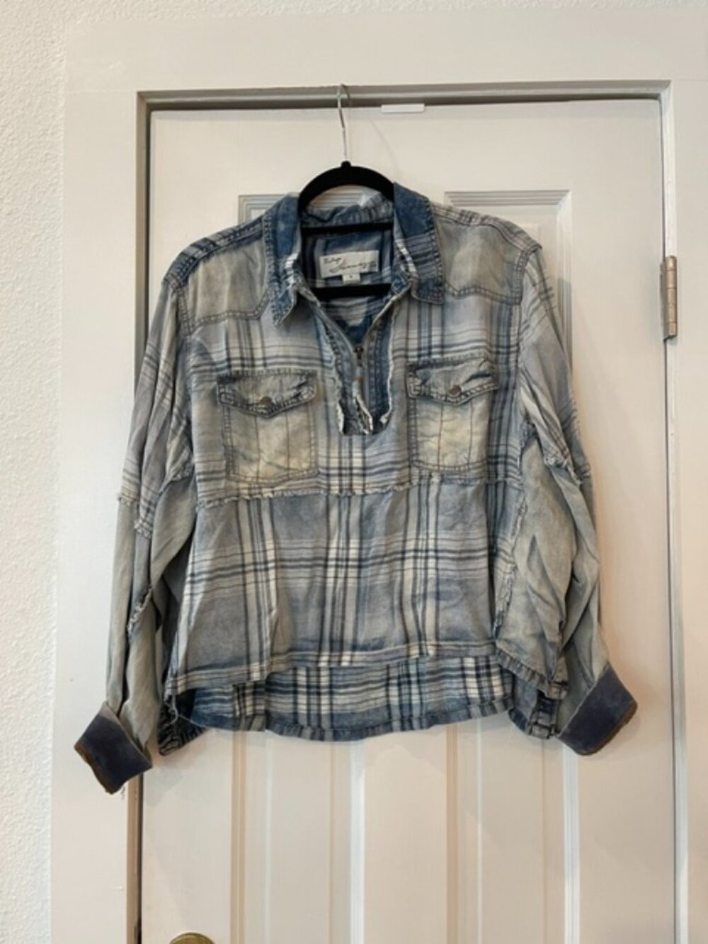 Vintage Havana Acid Wash Blue Plaid Distressed Half Zip Pullover Shirt Small EUC